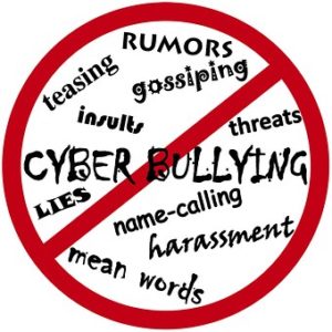 A graphic image of a red do not bully symbol with black words; rumors, teasing, insults, CYBER BULLYING, LIES, name-calling, harassment, and mean words. The graphic art is used for the no bullying school for LGBTQQI+ children and teens.
