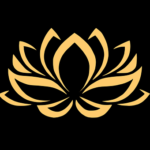 This is a graphic design of a lotus flower. The background is solid black and the flower has thick outlines of the lotus pedals in gold. This image is used because of the what a lotus flower symbolizes. In Hinduism, the lotus flower represents the spiritual awaking of life, which is a result of fighting through darkness or hard times and overcoming them to reach the light.