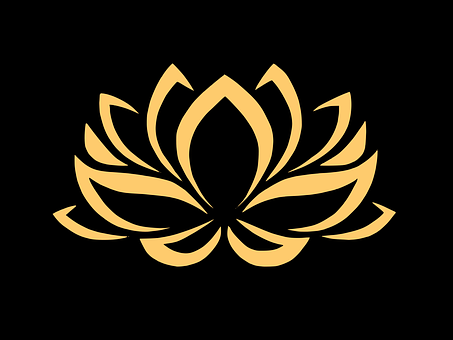 This is a graphic design of a lotus flower. The background is solid black and the flower has thick outlines of the lotus pedals in gold. This image is used because of the what a lotus flower symbolizes. In Hinduism, the lotus flower represents the spiritual awaking of life, which is a result of fighting through darkness or hard times and overcoming them to reach the light.